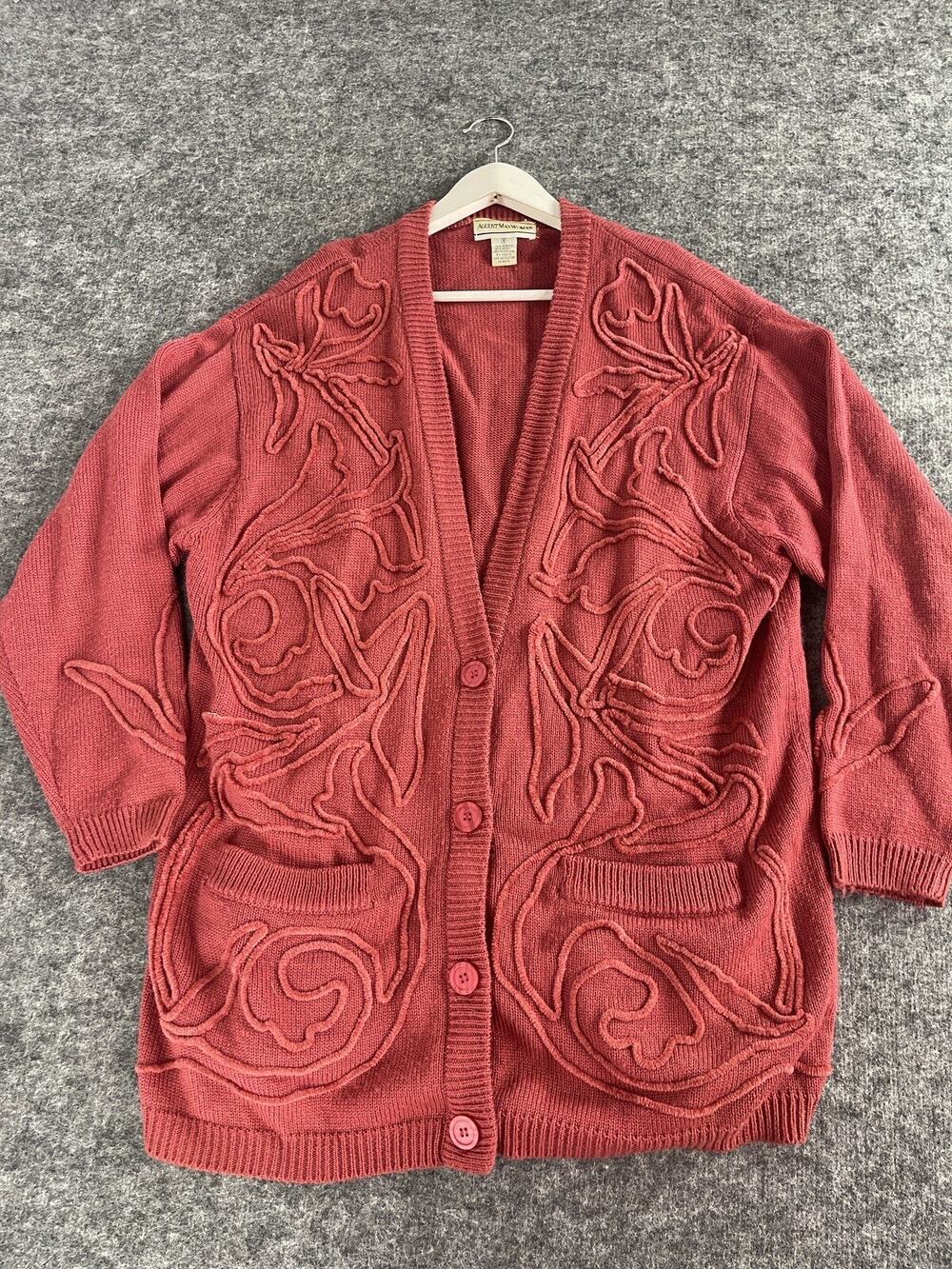 August Max Woman Sweater 1X Cardigan Red Pullover Wool Cable Knit N31
